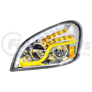 35790 by UNITED PACIFIC - Headlight Assembly - High Power, LED, LH, Chrome Housing, High/Low Beam, with LED Turn Signal, Position Light Bar and Daytime Running Light