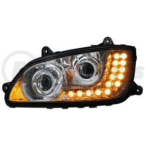 31158 by UNITED PACIFIC - Projection Headlight Assembly - LH, Chrome Housing, High/Low Beam, H11/HB3 Bulb, with Signal Light