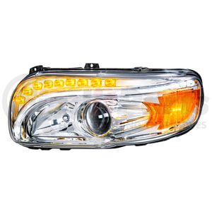 35802 by UNITED PACIFIC - Projection Headlight Assembly - LH, Chrome Housing, High/Low Beam, H11/HB3 Bulb, with Amber LED Signal Light, White LED Position Light and Amber LED Side Marker