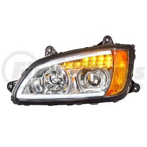 32779 by UNITED PACIFIC - Projection Headlight Assembly - LH, Chrome Housing, High/Low Beam, H7/HB3 Bulb, with Amber LED Signal/Parking Light and White LED Position Light Bar