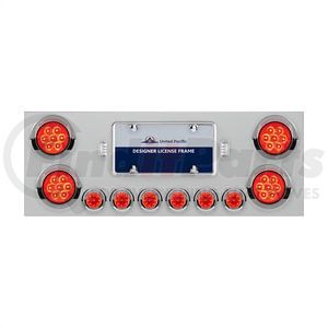 34566 by UNITED PACIFIC - Tail Light Panel - Stainless Steel, Rear Center, with 4X7 LED 4" Reflector Lights & 6X 9 LED 2" Lights & Visors, Red LED & Lens