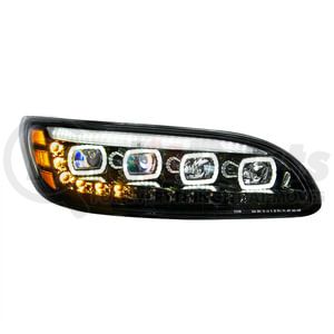35844 by UNITED PACIFIC - Quad-LED Black Headlight with LED Sequential Turn Signal and DRL for 2005-15 Peterbilt 386 - Passenger Side
