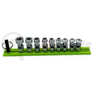 Vim Tools DDSUJET400 Universal Joint Socket 9-Piece Dual Drive Stubby Firm Flex Universal Joint Female E Torx Socket Set Rail