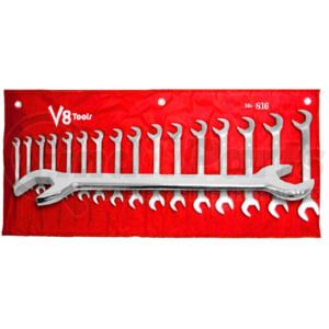 V8 Hand Tools 816 Wrench Set Wrench Set - 16 Piece, 8mm-23mm, 30/60° Angles, Alloy Steel, Canvas Pouch