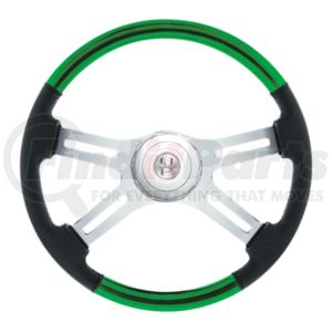 United Pacific 88357 Steering Wheel 18" Leather & Wood Candy Color 4 Spoke Steering Wheel With Chrome Horn Bezel-Emerald