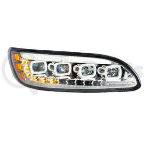 35842 by UNITED PACIFIC - Headlight - Chrome, Quad-LED, with LED Directional & Sequential Signal, Passenger Side, for 2005-2015 Peterbilt 386