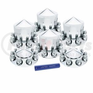10306 by UNITED PACIFIC - Axle Hub Cover Kit - Chrome, Pointed, with 33mm Standard Nut Cover & Nut Cover Tool