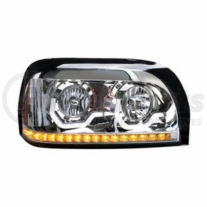 31204 by UNITED PACIFIC - Headlight Assembly - RH, Chrome Housing, High/Low Beam, H7/9005 Bulb, with LED Signal Light and Position Light Bar