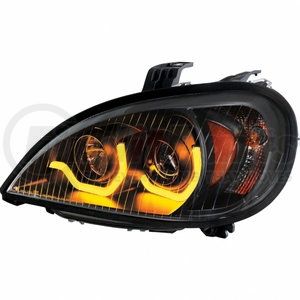 31224 by UNITED PACIFIC - Projection Headlight Assembly - Driver Side, Black Housing, High/Low Beam, H7 / H1 / 3157 Bulb, With Dual Mode Amber LED Light Bar