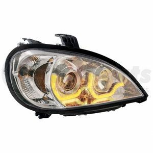 31188 by UNITED PACIFIC - Projection Headlight Assembly - RH, Chrome Housing, High/Low Beam, H7/H1/3157 Bulb, with Dual Mode LED Light Bar
