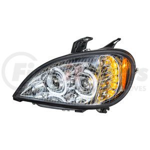 31090 by UNITED PACIFIC - Projection Headlight Assembly - LH, LED, Chrome Housing, High/Low Beam, with LED Signal Light, Position Light and Side Marker