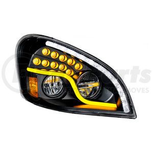 35793 by UNITED PACIFIC - Headlight Assembly - High Power, LED, RH, Black Housing, High/Low Beam, with LED Turn Signal, Position Light Bar and Daytime Running Light