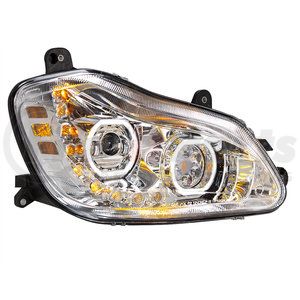35742 by UNITED PACIFIC - Headlight Assembly - LED, RH, Chrome Housing, High/Low Beam, with 9 LED Amber Signal (Sequential), 100 LED White DRL, 6 LED Side Marker