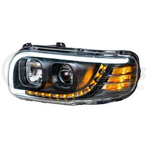 31647 by UNITED PACIFIC - Projection Headlight Assembly - LH, Black Housing, High/Low Beam, H9 Quartz/H1 Quartz Bulb, with LED Signal Light and LED Position Light Bar