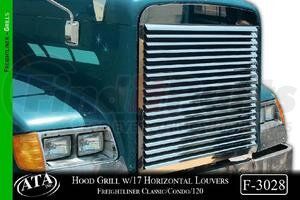 F-3028 by ARANDA - Hood Grill w/17 Horizontal Louvers Make Freightliner Model Classic/Condo/ 120 Size 42x36 Units 1 Unit Material S.S. Gauge 18G Alloy #430 Finish BA Shipping Measurements 43x39x2=30lbs