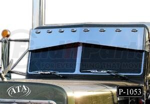 P-1053 by ARANDA - Visor Bowtie Blind Mount (2 hole side mount)  Make Peterbilt Model All St./Utra Cab Years '14 & Older Size 11x7 Units 1 Pc. Material S.S. Gauge 16G Alloy #430 Finish BA Shipping Measurements 64x16x14=24lbs