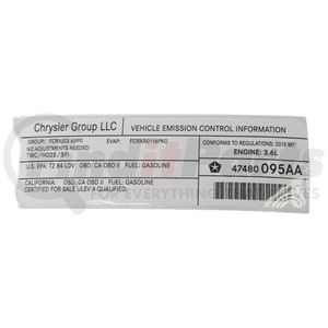 47480095AA by MOPAR - Emission Label - For 2015 Chrysler 200