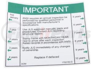 1702153 by JLG - JLG ORIGINAL OEM, DECAL, INSPECTION