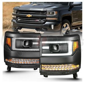 111373 by ANZO - Projector Headlight Set; Clear Lens; Black Housing; Amber Reflector; Pair; w/Plank Style Back;