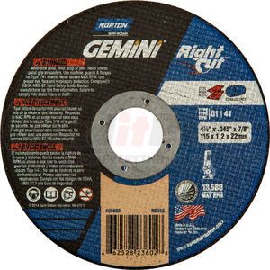 66252823602 by SAINT-GOBAIN - Norton 66252823602 Gemini Right Angle Cut-Off Wheel 4-1/2" x .045" x 7/8" 36 Grit Alum. Oxide Type 1