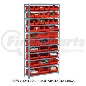 603244RD by GLOBAL INDUSTRIAL - Global Industrial&#153; Steel Open Shelving with 17 Red Plastic Stacking Bins 6 Shelves - 36x12x39