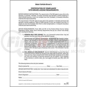 1617 by JJ KELLER - Driver's Certification of Compliance, Single-Ply - Single-Ply, 8-1/2" x 11"