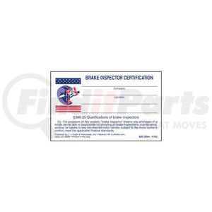 JJ Keller 925 Miscellaneous Label 3-1/2 x 2-1/2 In. 49 CFR Section 396.25 Fleet Brake Inspector Wallet Verification Card