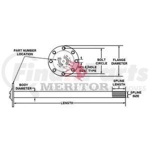 3202N9374 by MERITOR - Drive Axle Shaft - 2.25" Body Dia, 7." Bolt Circle, 8.38" Flange, 8 Taper Holes, 46 Splines