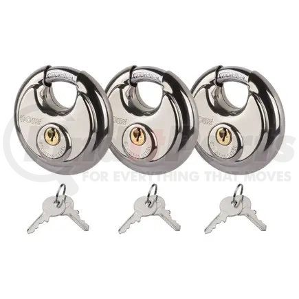 23085 by CURT MANUFACTURING - CURT 23085 Stainless Steel Disc Locks; 3-Pack; Keyed Alike; Brass 4-Pin Cylinder; 3/8-Inch Hardened Shackle for Trailers; Sheds; Storage Rooms