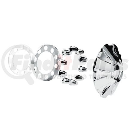 10343 by UNITED PACIFIC - Axle Hub Cover - Single Hub Design, Chrome, 10 Lug Nuts, 33mm Nut Size, for Front Wheel