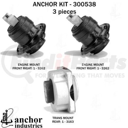300538 by ANCHOR MOTOR MOUNTS - Engine Mount Kit - 3-Piece Kit, for 2011-2022 Dodge Charger