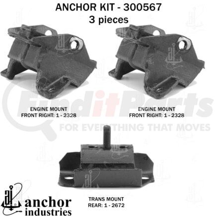 300567 by ANCHOR MOTOR MOUNTS - Engine Mount Kit - 3-Piece Kit, Manual Transmission, for 1977 Buick Regal 5.7L