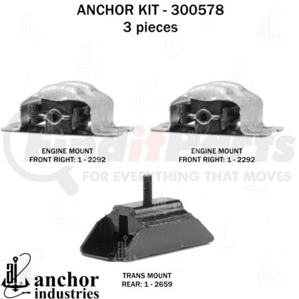 300578 by ANCHOR MOTOR MOUNTS - Engine Mount Kit - 3-Piece Kit, for 1987-1989 Chevrolet GMC G-Series