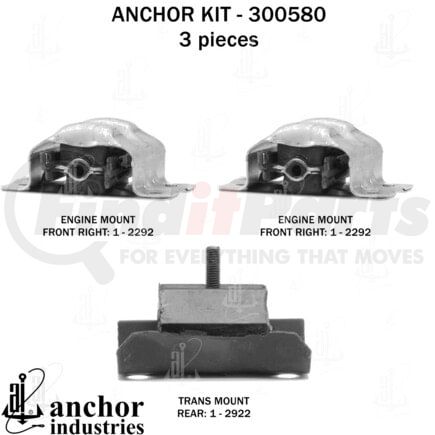 300580 by ANCHOR MOTOR MOUNTS - Engine Mount Kit - 3-Piece Kit, for 1991-1999 Chevrolet GMC P-Series