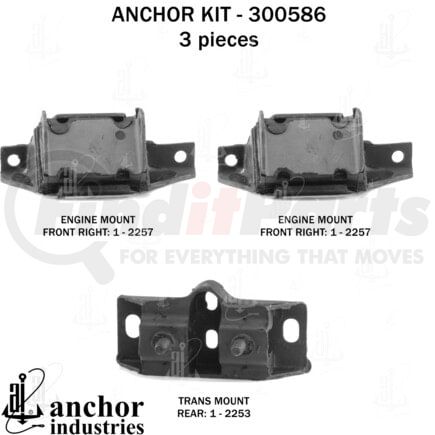 300586 by ANCHOR MOTOR MOUNTS - Engine Mount Kit - 3-Piece Kit, (2) Front R/L Engine Mount, (1) Rear Trans Mount