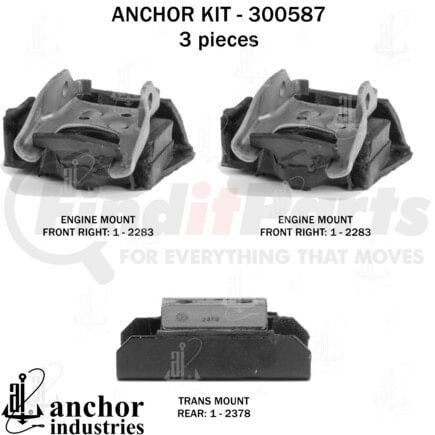 300587 by ANCHOR MOTOR MOUNTS - Engine Mount Kit - 3-Piece Kit, (2) Front R/L Engine Mount, (1) Rear Trans Mount