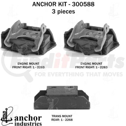 300588 by ANCHOR MOTOR MOUNTS - Engine Mount Kit - 3-Piece Kit, (2) Front R/L Engine Mount, (1) Rear Trans Mount