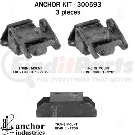 300593 by ANCHOR MOTOR MOUNTS - Engine Mount Kit - 3-Piece Kit, (2) Front R/L Engine Mount, (1) Rear Trans Mount