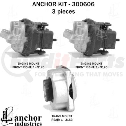 300606 by ANCHOR MOTOR MOUNTS - Engine Mount Kit - 3-Piece Kit, (2) Front R/L Engine Mount, (1) Rear Trans Mount