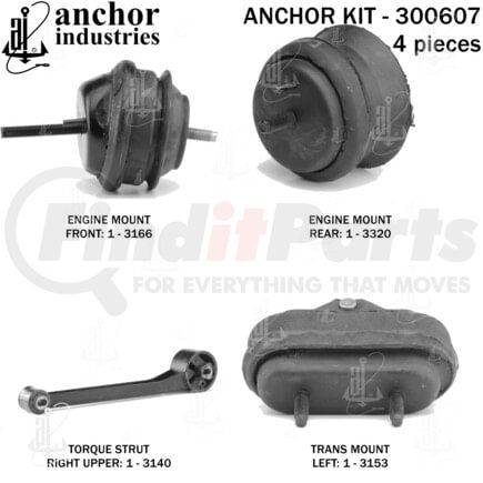 300607 by ANCHOR MOTOR MOUNTS - Engine Mount Kit - 4-Piece Kit, (2) Engine Mount Front/Rear, (1) Torque Strut, (1) Trans Mount