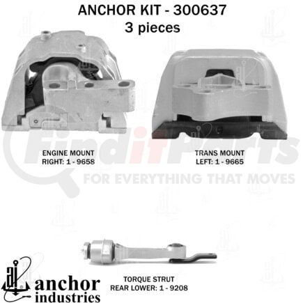 300637 by ANCHOR MOTOR MOUNTS - Engine Mount Kit - 3-Piece Kit, (1) Engine Mount Right, (1) Torque Strut Rear Lower, (1) Trans Mount Left