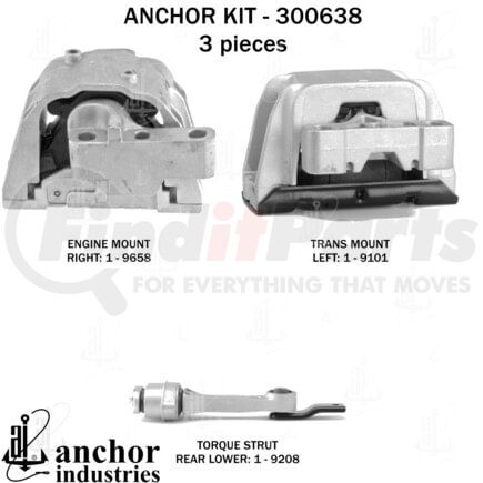 300638 by ANCHOR MOTOR MOUNTS - Engine Mount Kit - 3-Piece Kit, (1) Engine Mount Right, (1) Torque Strut Rear Lower, (1) Trans Mount Left