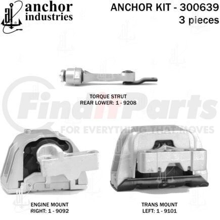 300639 by ANCHOR MOTOR MOUNTS - Engine Mount Kit - 3-Piece Kit, (1) Engine Mount Right, (1) Torque Strut Rear Lower, (1) Trans Mount Left