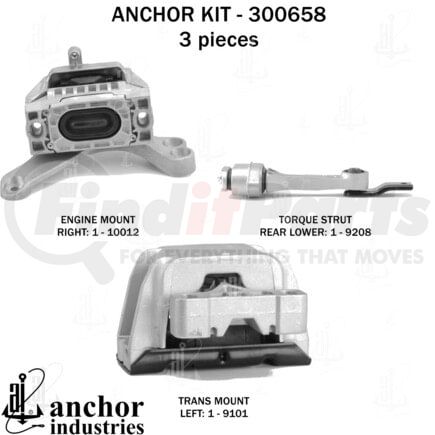 300658 by ANCHOR MOTOR MOUNTS - Engine Mount Kit - 3-Piece Kit, (1) Engine Mount Right, (1) Torque Strut Rear Lower, (1) Trans Mount Left