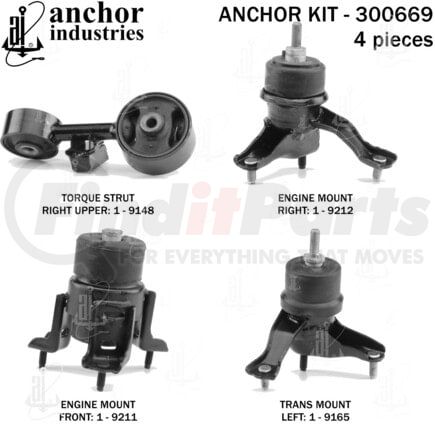 300669 by ANCHOR MOTOR MOUNTS - Engine Mount Kit - 4-Piece Kit, (2) Engine Mount Front/Right, (1) Torque Strut, (1) Trans Mount