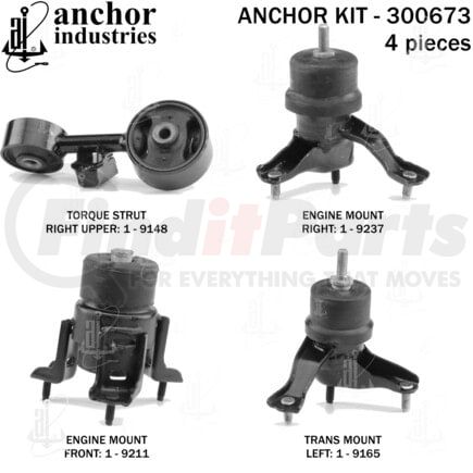 300673 by ANCHOR MOTOR MOUNTS - Engine Mount Kit - 4-Piece Kit, (2) Engine Mount Front/Right, (1) Torque Strut, (1) Trans Mount