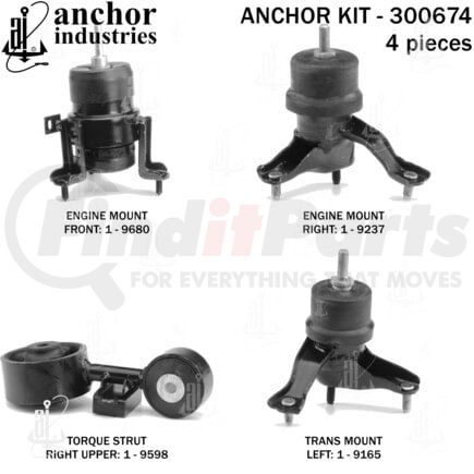 300674 by ANCHOR MOTOR MOUNTS - Engine Mount Kit - 4-Piece Kit, (2) Engine Mount Front/Right, (1) Torque Strut, (1) Trans Mount