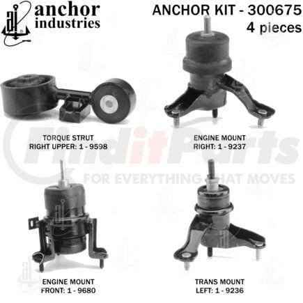 300675 by ANCHOR MOTOR MOUNTS - Engine Mount Kit - 4-Piece Kit, (2) Engine Mount Front/Right, (1) Torque Strut, (1) Trans Mount