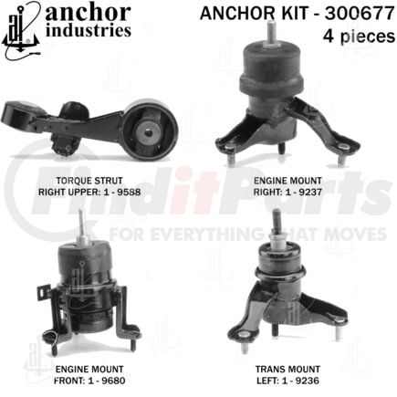 300677 by ANCHOR MOTOR MOUNTS - Engine Mount Kit - 4-Piece Kit, (2) Engine Mount Front/Right, (1) Torque Strut, (1) Trans Mount
