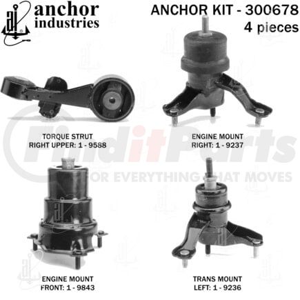 300678 by ANCHOR MOTOR MOUNTS - Engine Mount Kit - 4-Piece Kit, (2) Engine Mount Front/Right, (1) Torque Strut, (1) Trans Mount